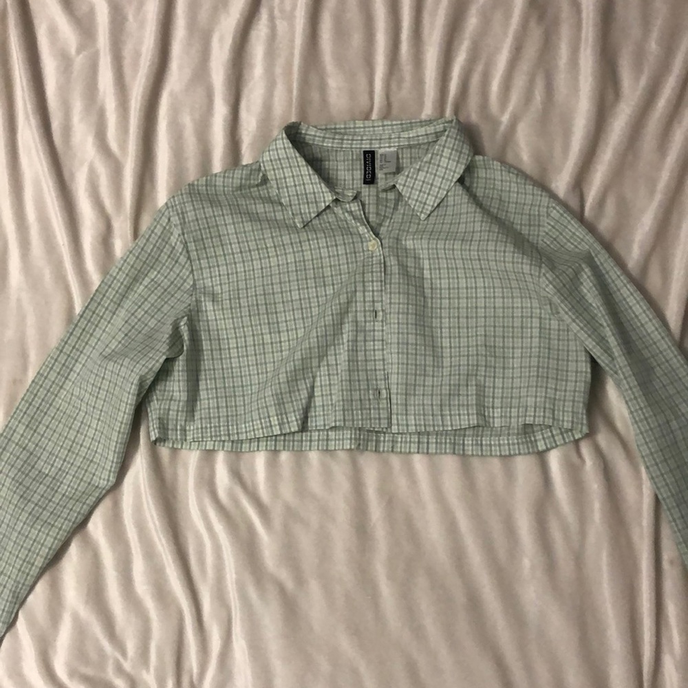 Green plaid button up crop top